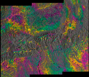 This interferogram combines SAR images over the same area of southern Romania acquired by Sentinel-1A on 9 June 2016 and Sentinel-1B on 15 June. Bucharest is near the lower right corner of the image. The colors are related to terrain topography. ESA/Norut 2016, contains modified Copernicus Sentinel data 2016, processed by ESA.
