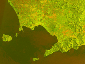 A Sentinel-1A image of Italy's Mt. Vesuvius Supersite helps reveal how close populated areas (red) are to the volcano. Sentinel data will facilitate monitoring of geohazards and management of natural disasters. © Copernicus Sentinel data 2014, processed by ESA.