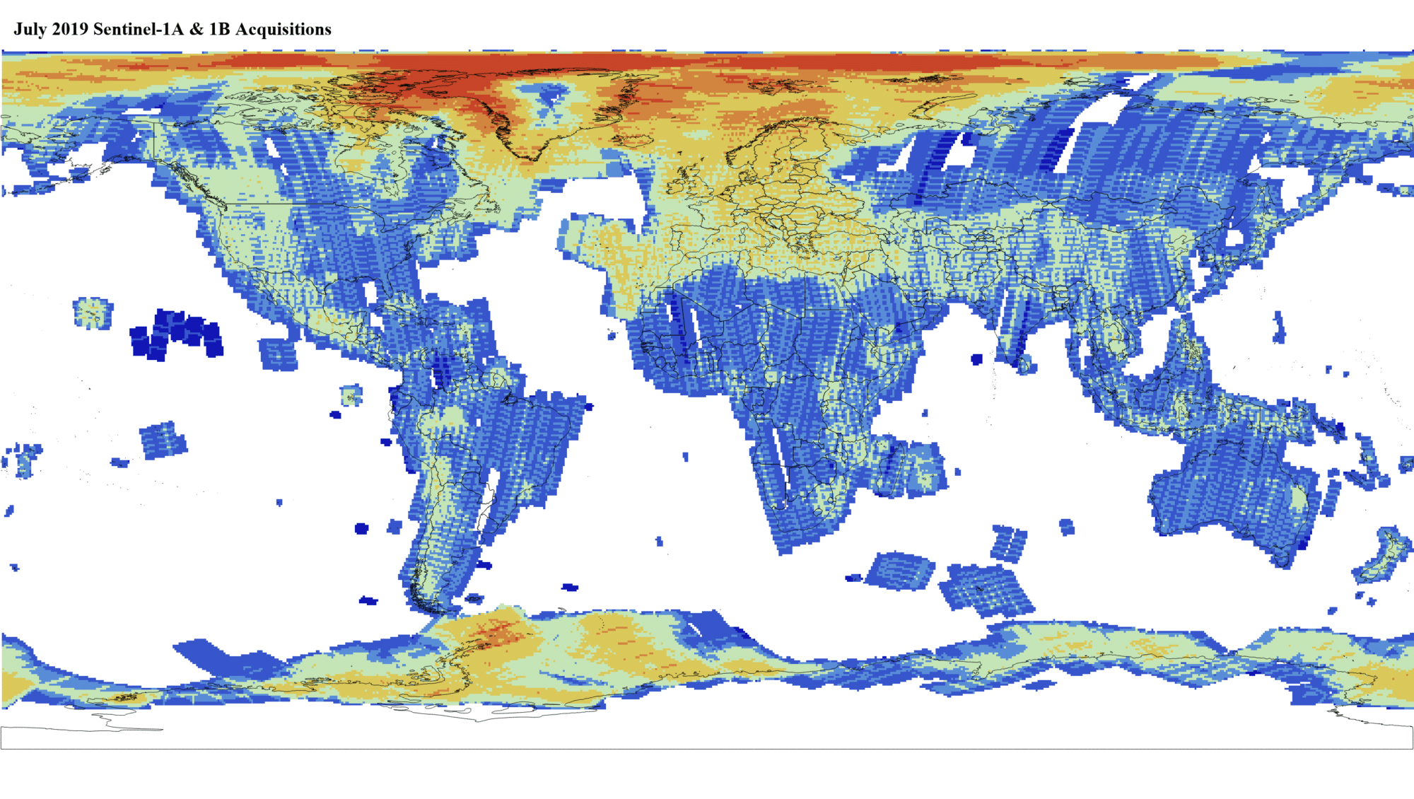 Heat map of Sentinel-1A and -1B GRD global acquisitions July 2019