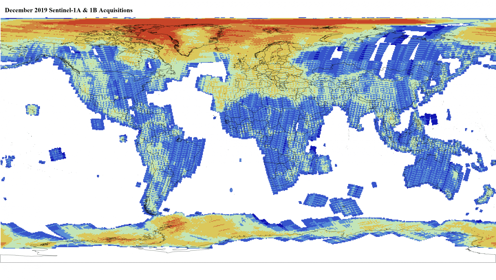 Heat map of Sentinel-1A and -1B GRD global acquisitions December 2019