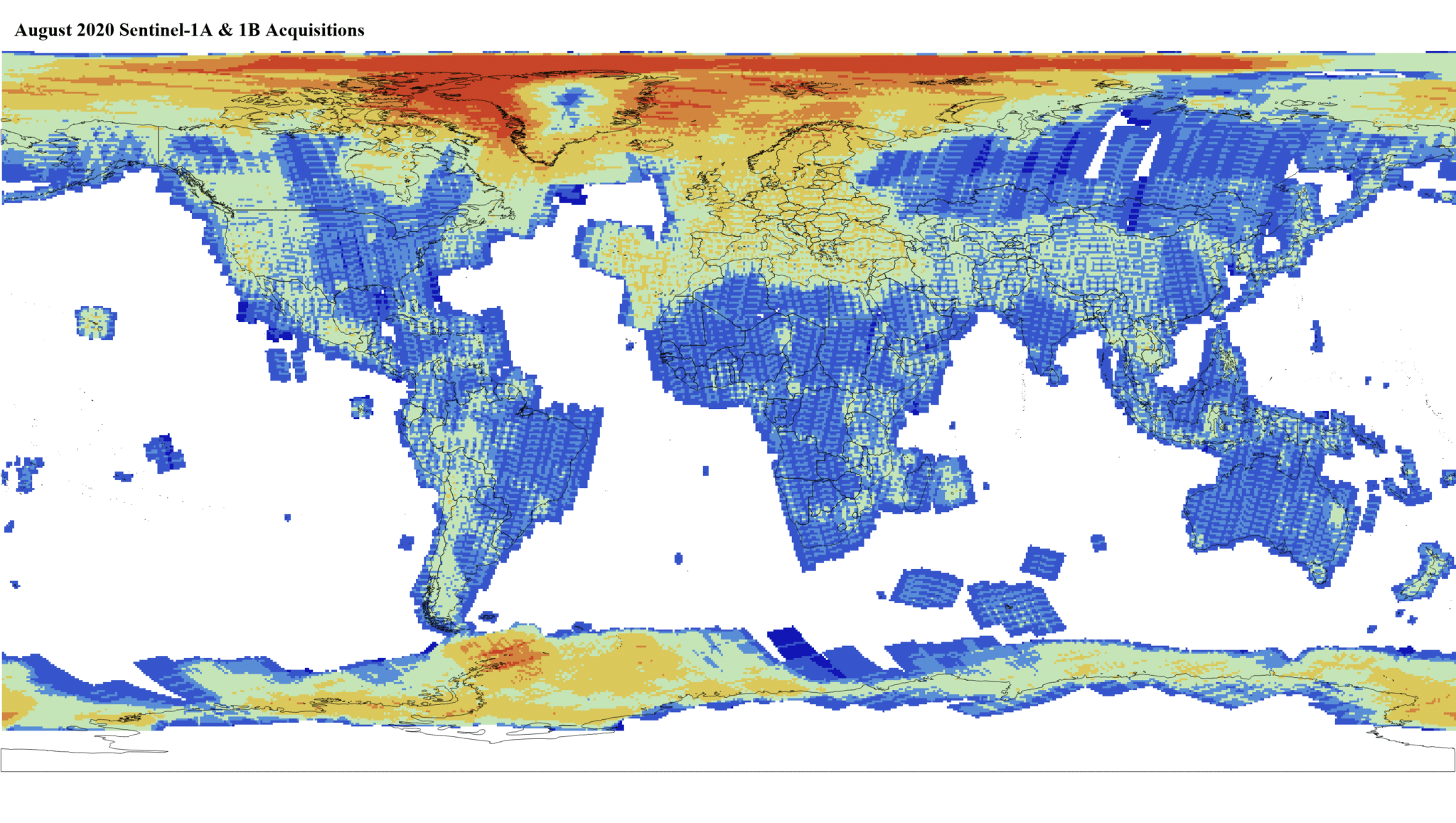 Heat map of Sentinel-1A and -1B GRD global acquisitions August 2020