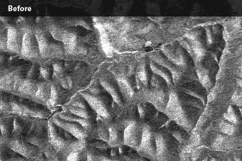 PALSAR images of hills in Fairbanks, Alaska, before and after radiometric correction. The correction adjusts the values of the pixels to show only the properties of the land surface. This is a sigma naught image. Actual products are gamma naught. ASF DAAC 2014; Includes Material © JAXA/METI 2008.
