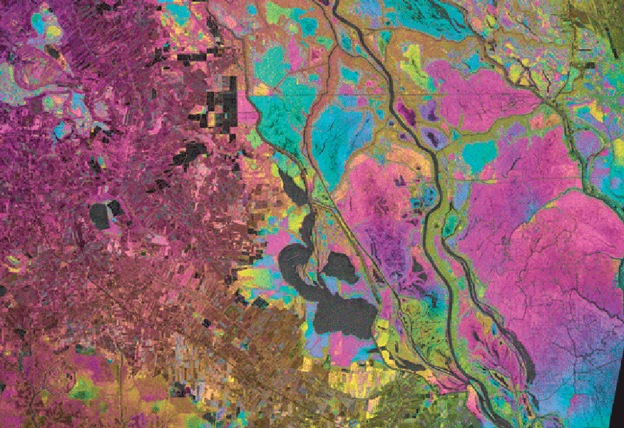 Water-level changes over swamp forest in southeastern Louisiana are revealed in this interferogram, created using ALOS PALSAR data acquisitions of January 29 and March 16, 2007. Each interferogram fringe (a full cycle of colors) represents a water-level change of about 13 cm. The interferogram suggests that water-level changes are dynamic, spatially heterogeneous, and disconnected by structures and barriers. Credit: Zhong Lu, USGS, Includes Material © JAXA, METI 2007