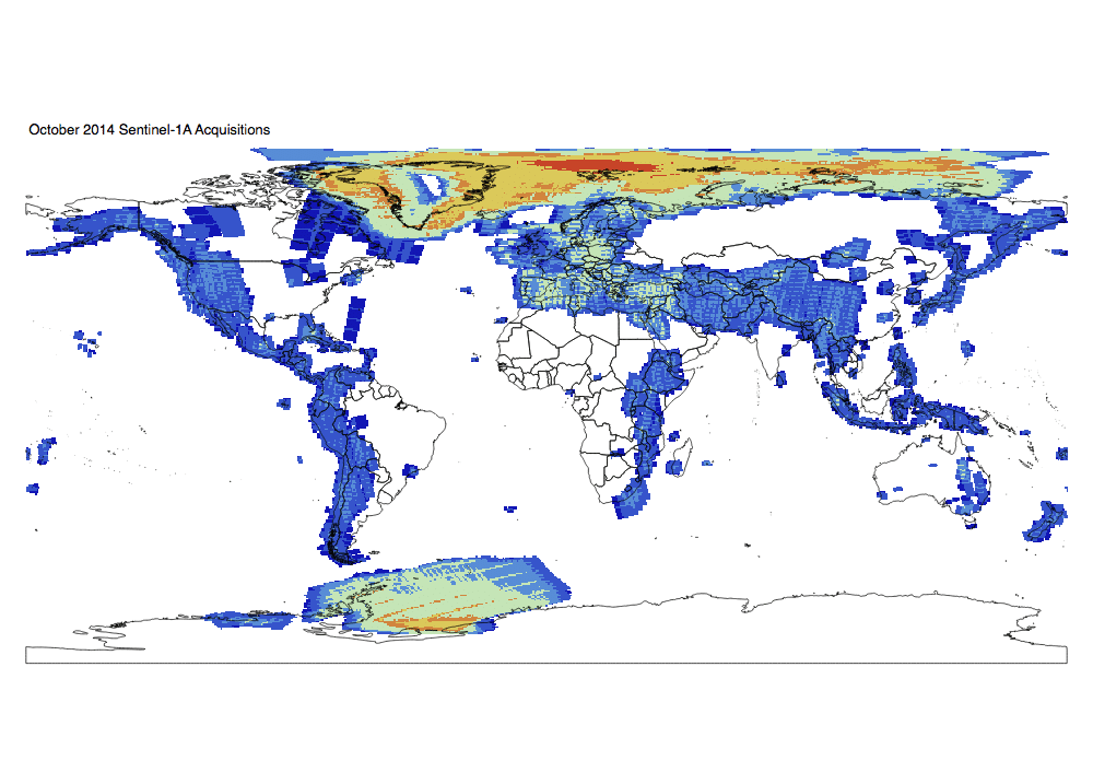 Heat map of Sentinel-1A GRD global acquisitions October 2014