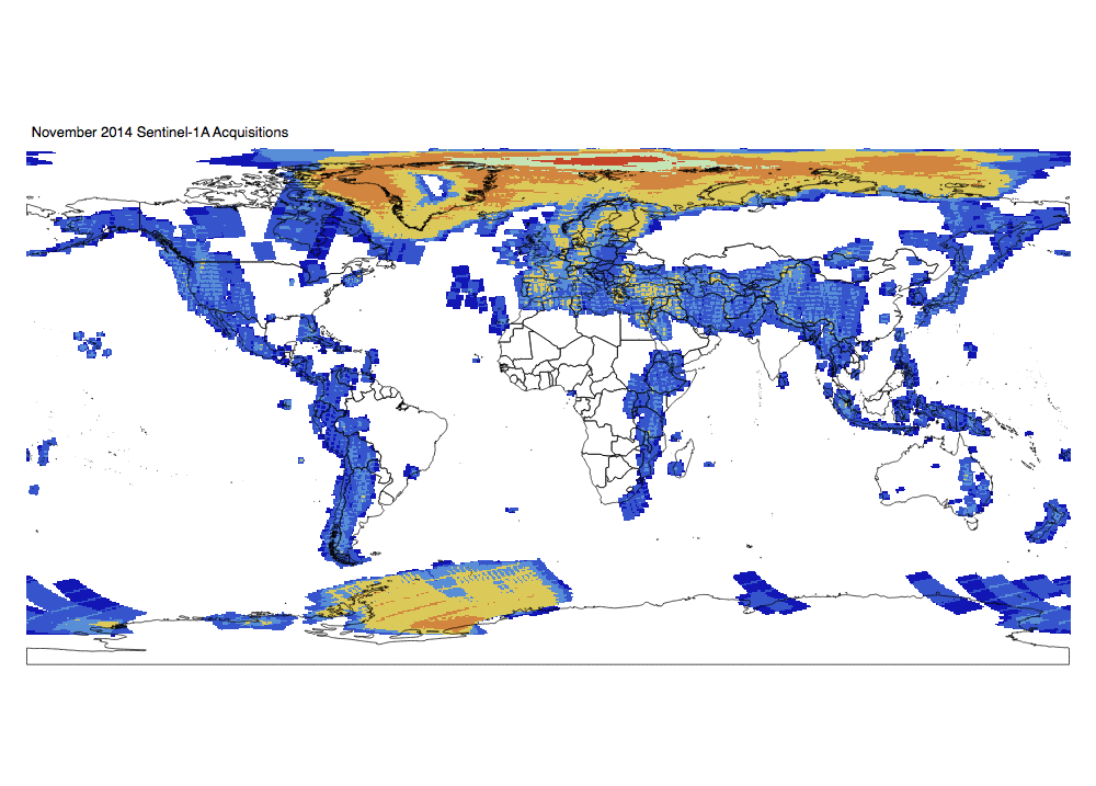 Heat map of Sentinel-1A GRD global acquisitions November 2014
