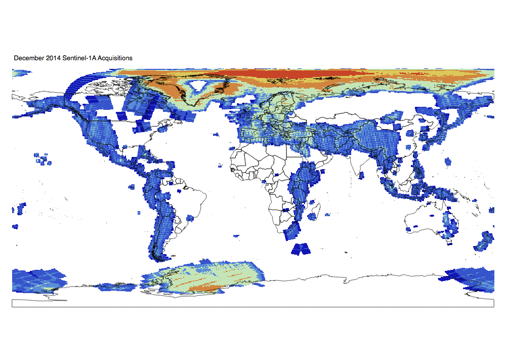 Heat map of Sentinel-1A GRD global acquisitions December 2014