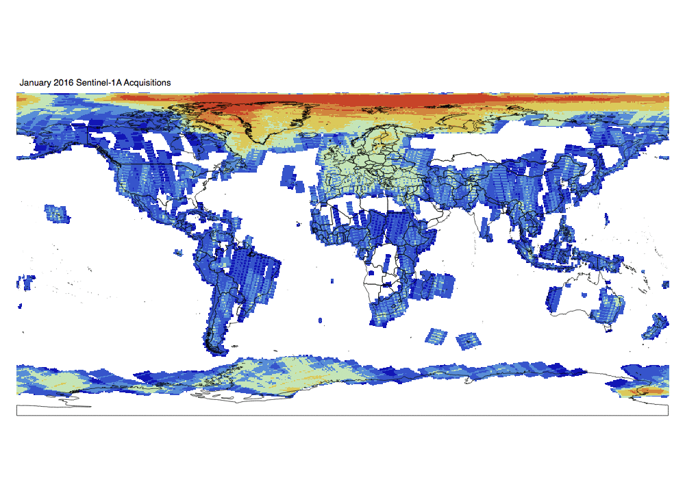 Heat map of Sentinel-1A and -1B GRD global acquisitions January 2016