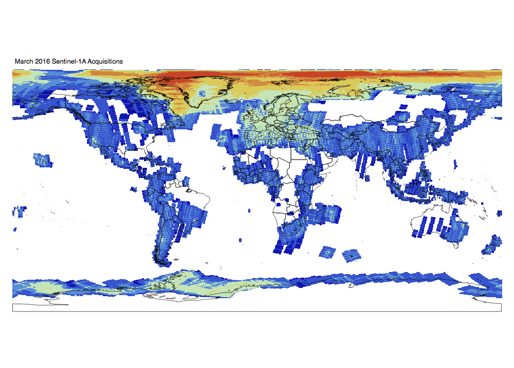 Heat map of Sentinel-1A and -1B GRD global acquisitions March 2016