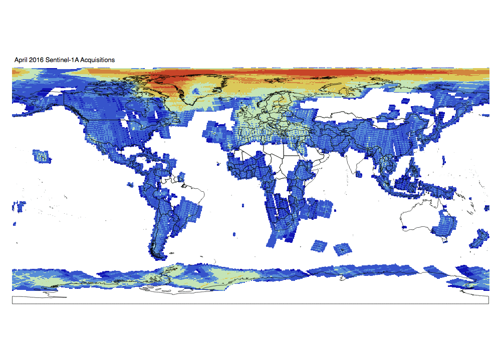 Heat map of Sentinel-1A and -1B GRD global acquisitions April 2016