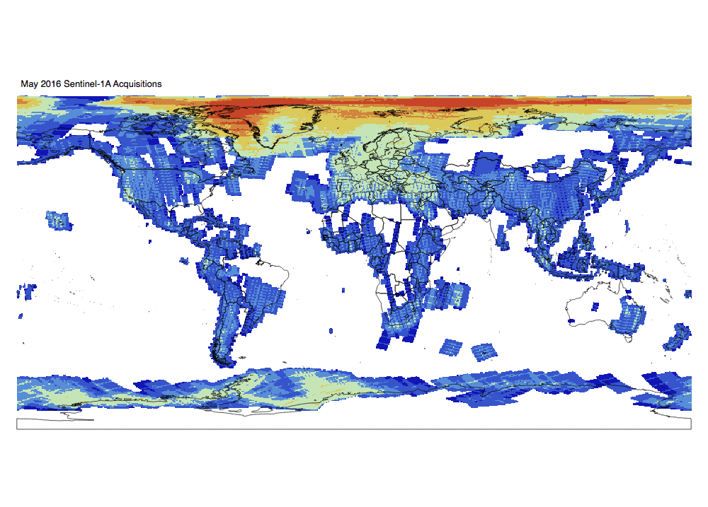 Heat map of Sentinel-1A and -1B GRD global acquisitions May 2016