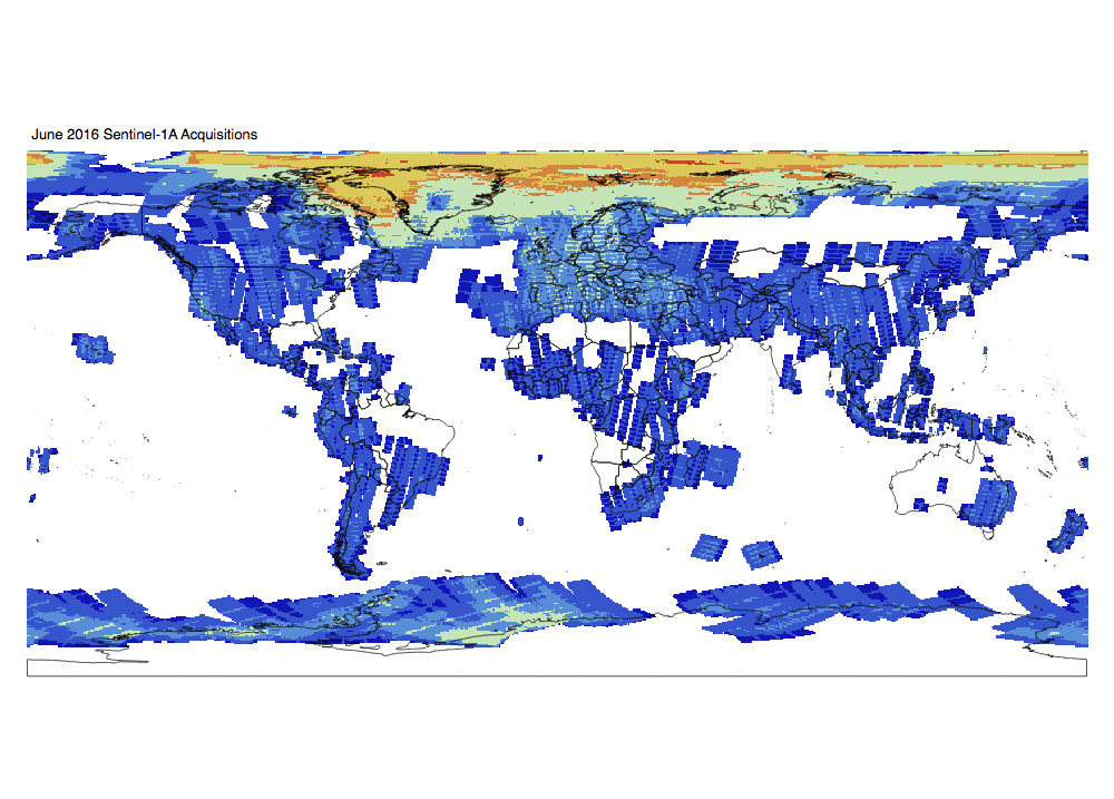 Heat map of Sentinel-1A and -1B GRD global acquisitions June 2016