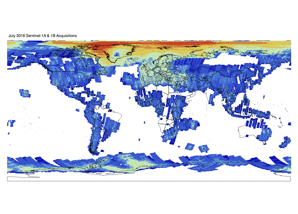 Heat map of Sentinel-1A and -1B GRD global acquisitions July 2016