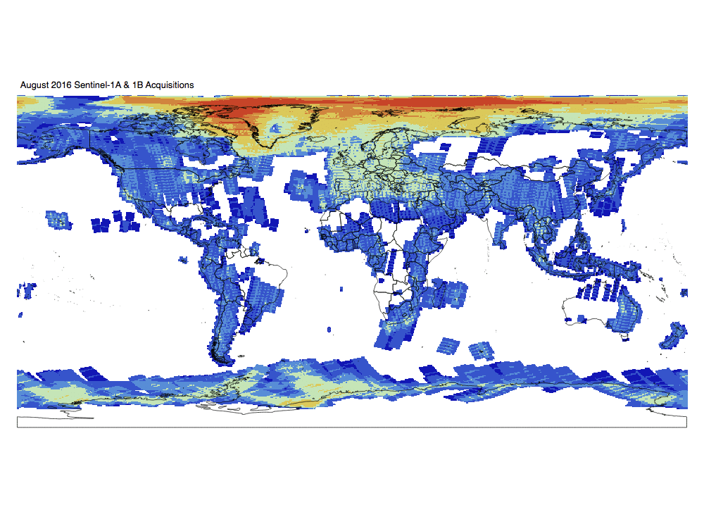 Heat map of Sentinel-1A and -1B GRD global acquisitions August 2016