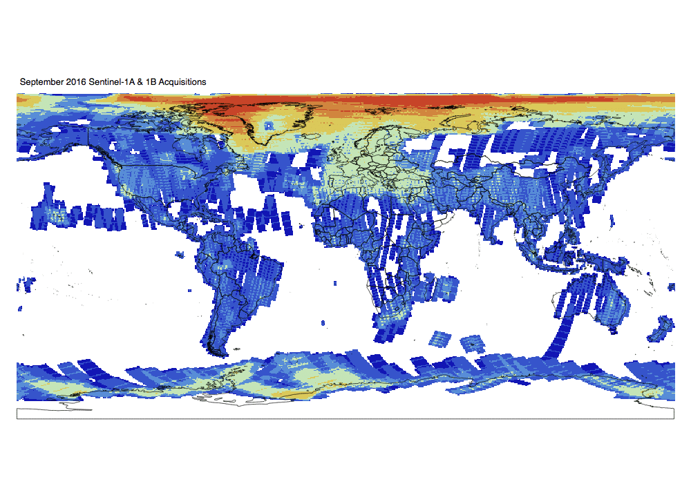 Heat map of Sentinel-1A and -1B GRD global acquisitions September 2016