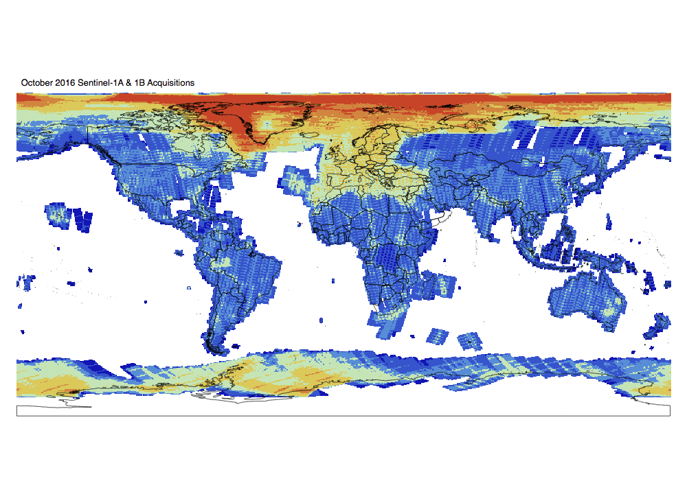 Heat map of Sentinel-1A and -1B GRD global acquisitions October 2016