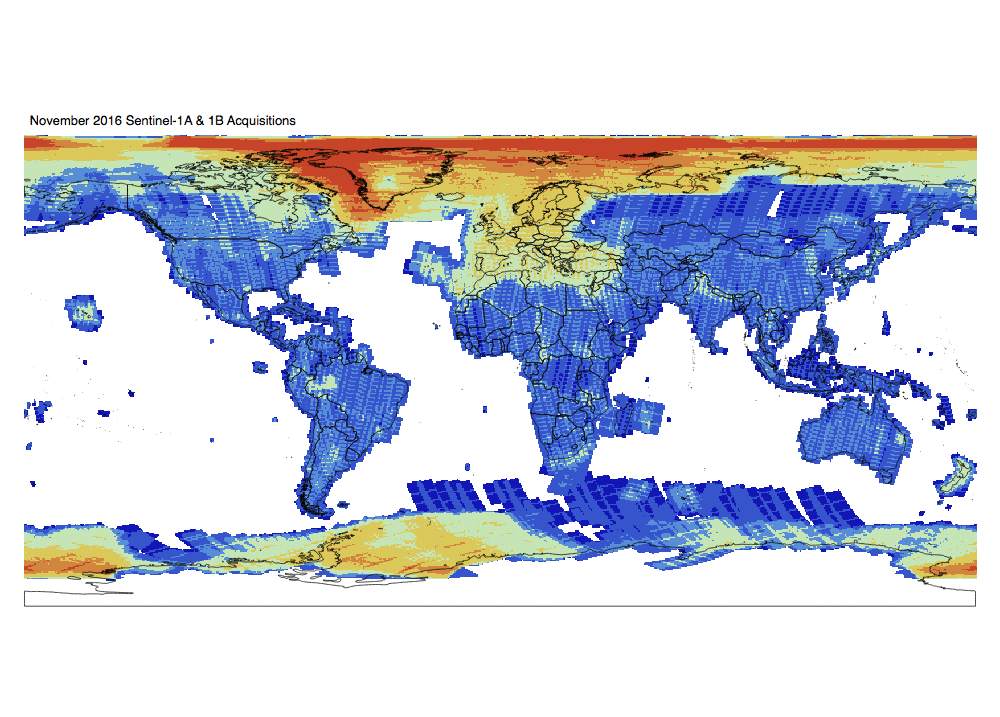 Heat map of Sentinel-1A and -1B GRD global acquisitions November 2016