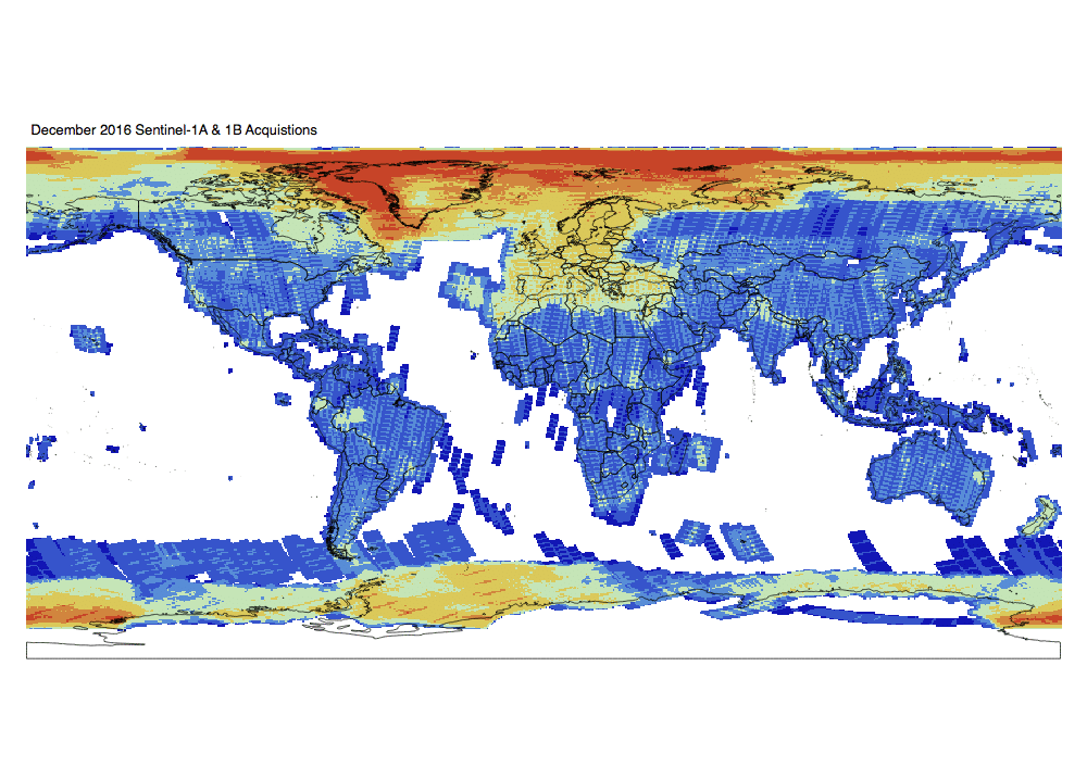 Heat map of Sentinel-1A and -1B GRD global acquisitions December 2016