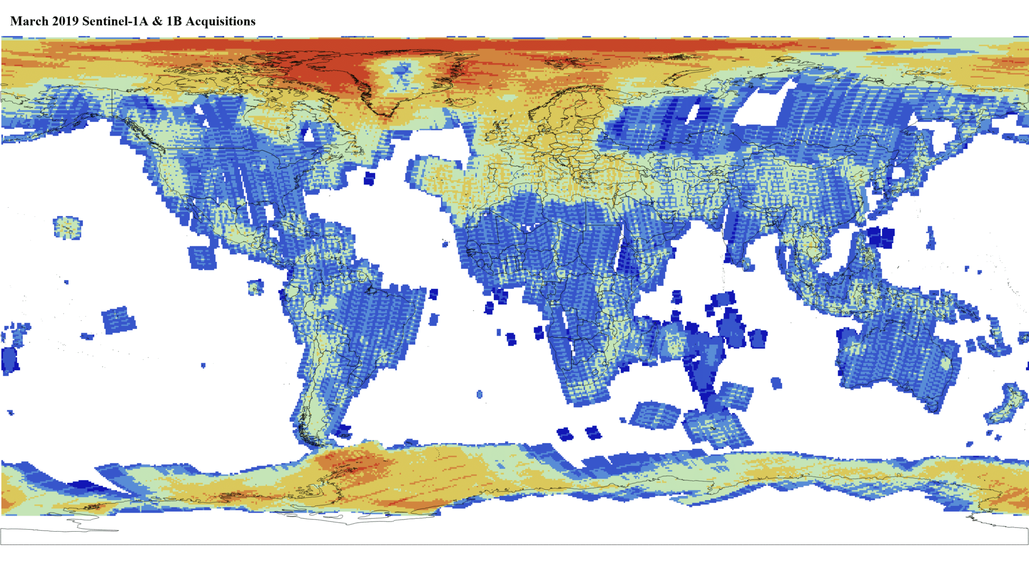 Heat map of Sentinel-1A and -1B GRD global acquisitions March 2019