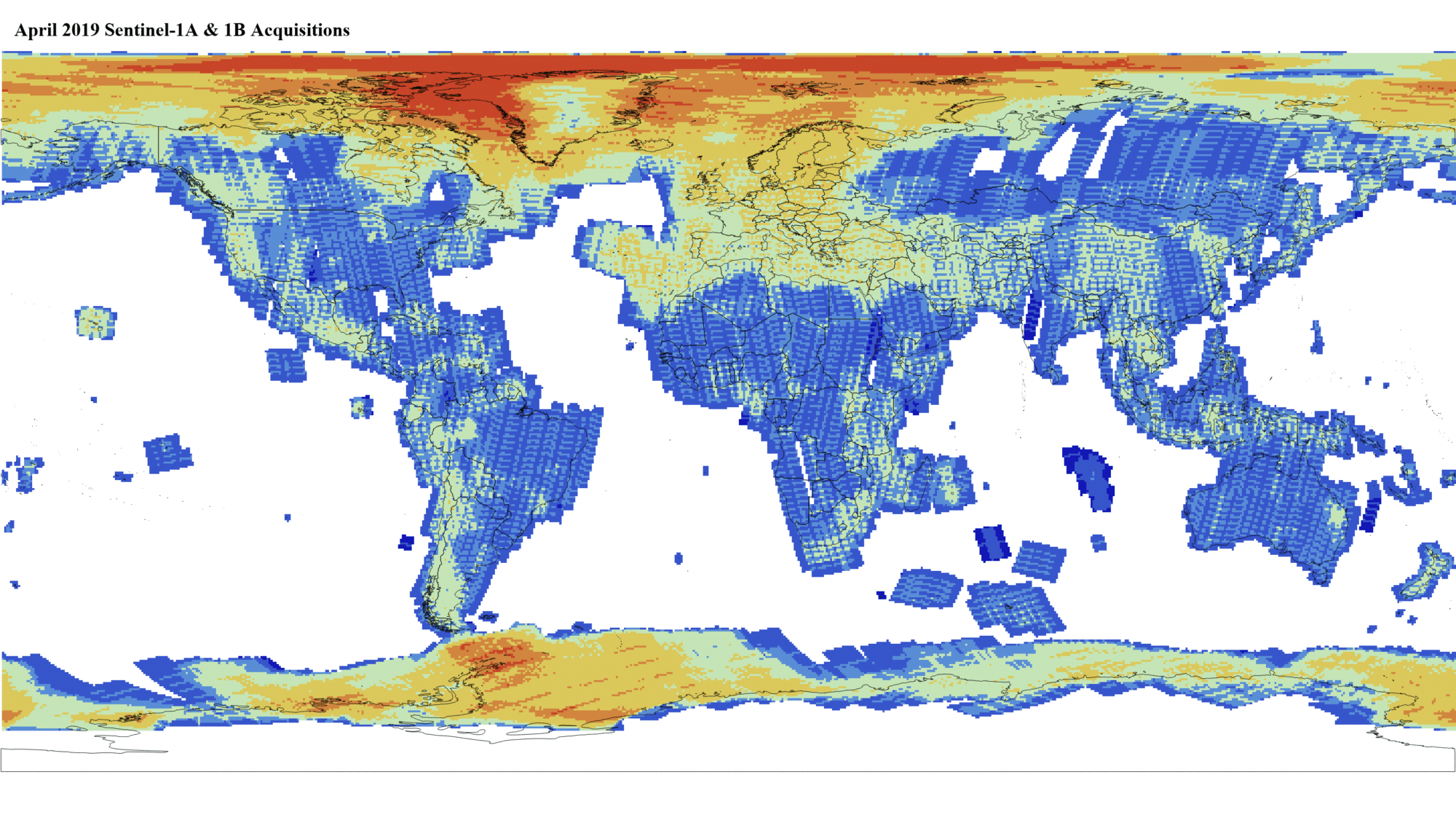 Heat map of Sentinel-1A and -1B GRD global acquisitions April 2019