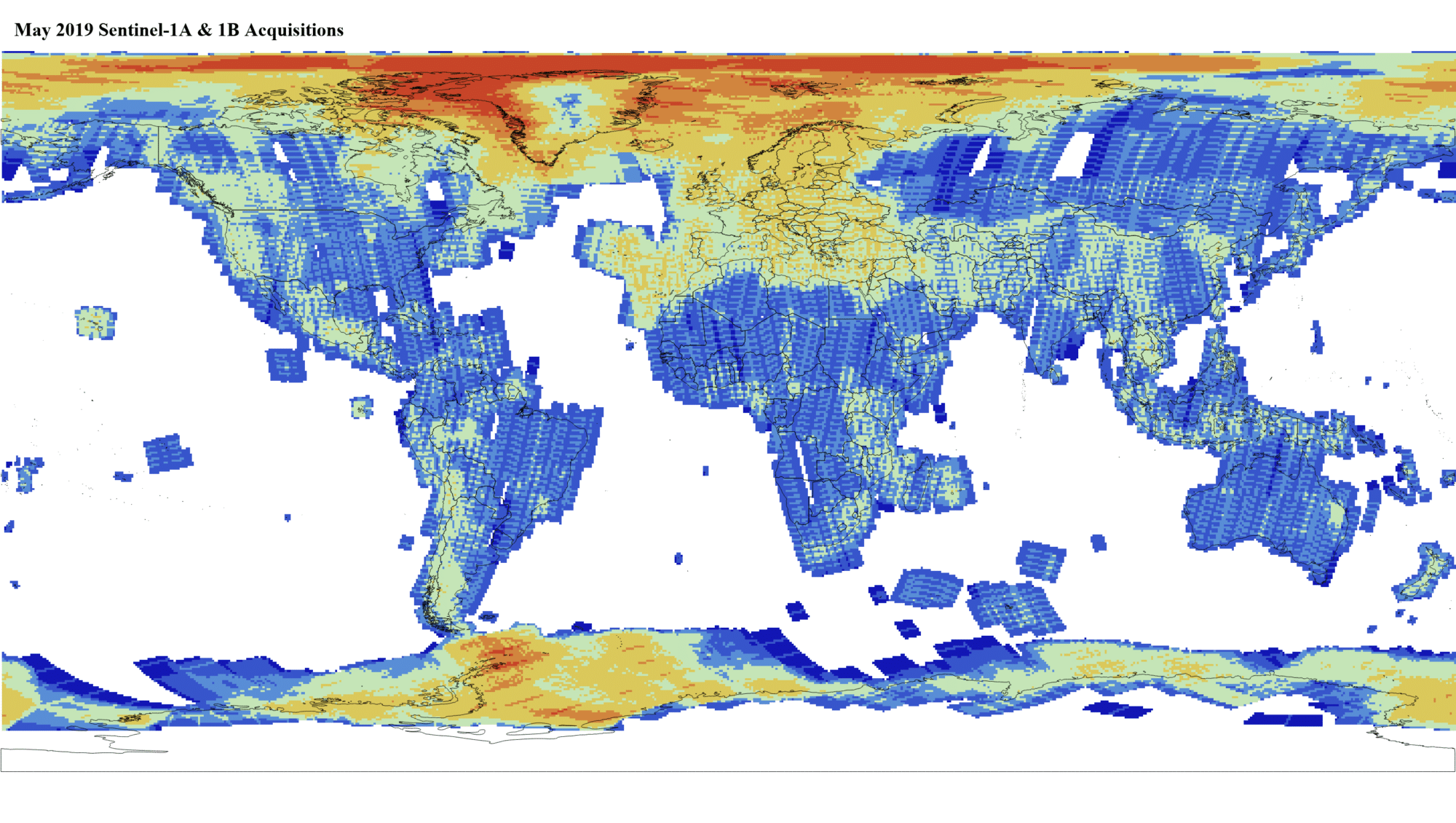 Heat map of Sentinel-1A and -1B GRD global acquisitions May 2019
