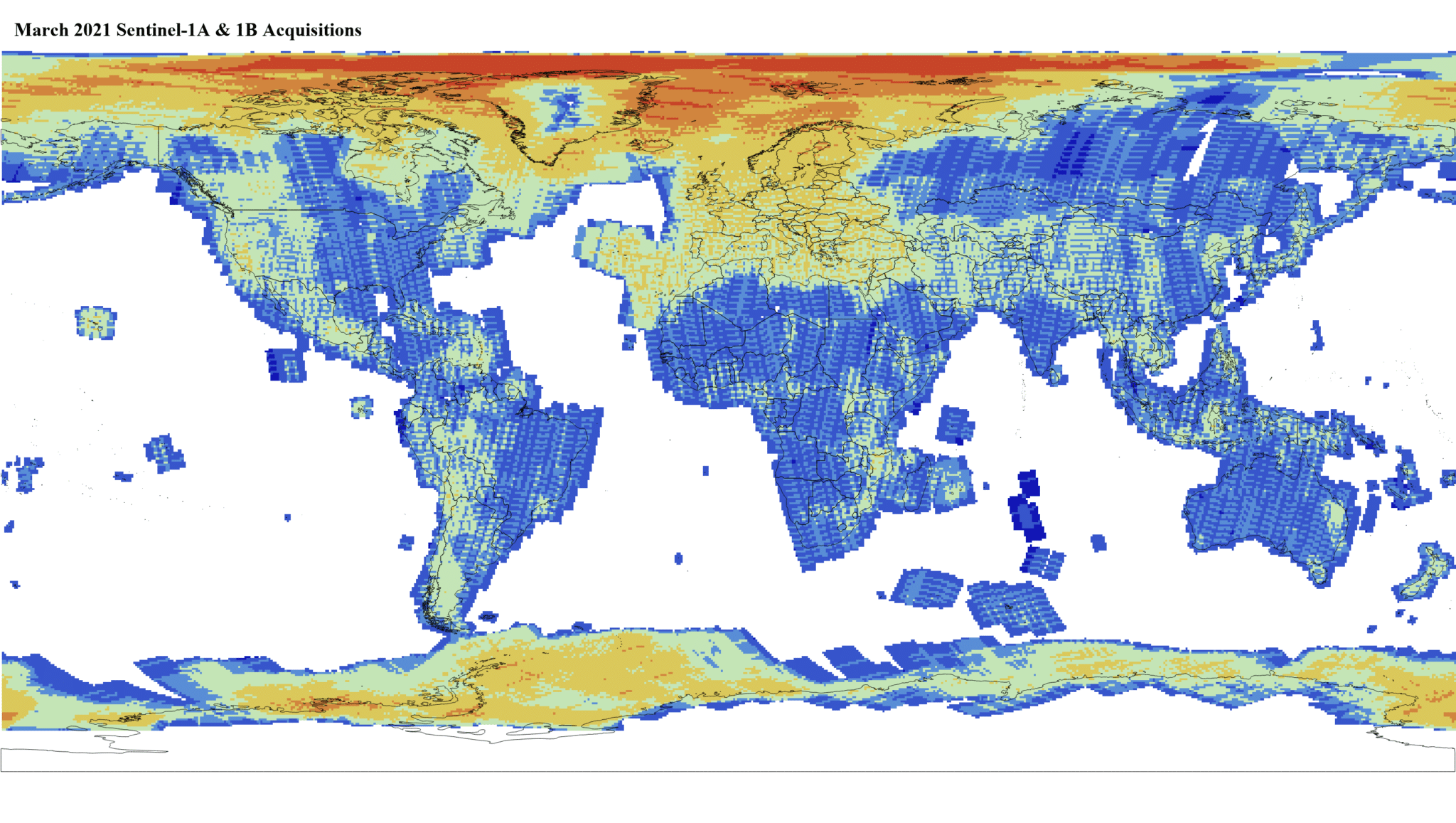 Heat map of Sentinel-1A and -1B GRD global acquisitions March 2021