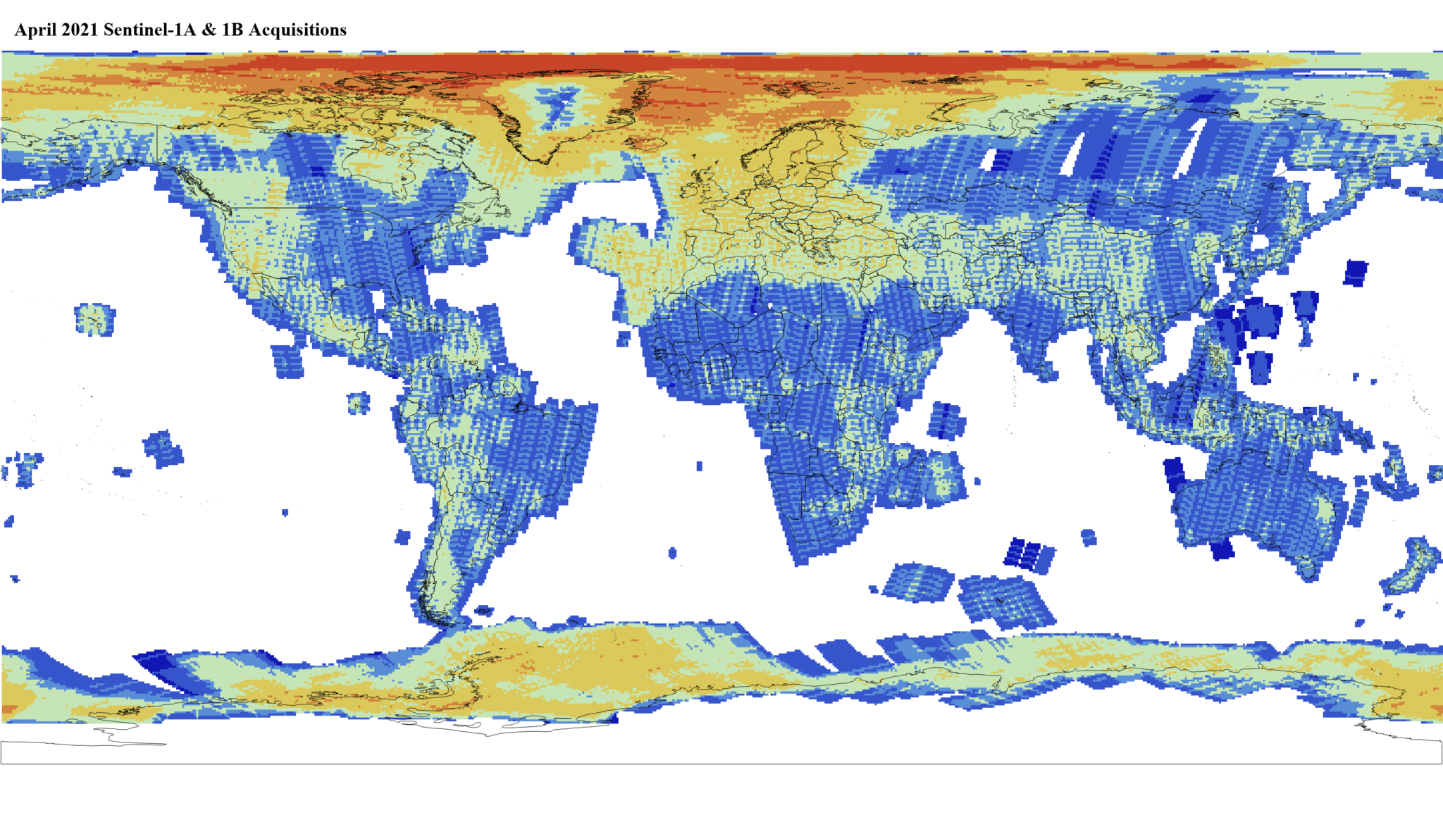 Heat map of Sentinel-1A and -1B GRD global acquisitions April 2021