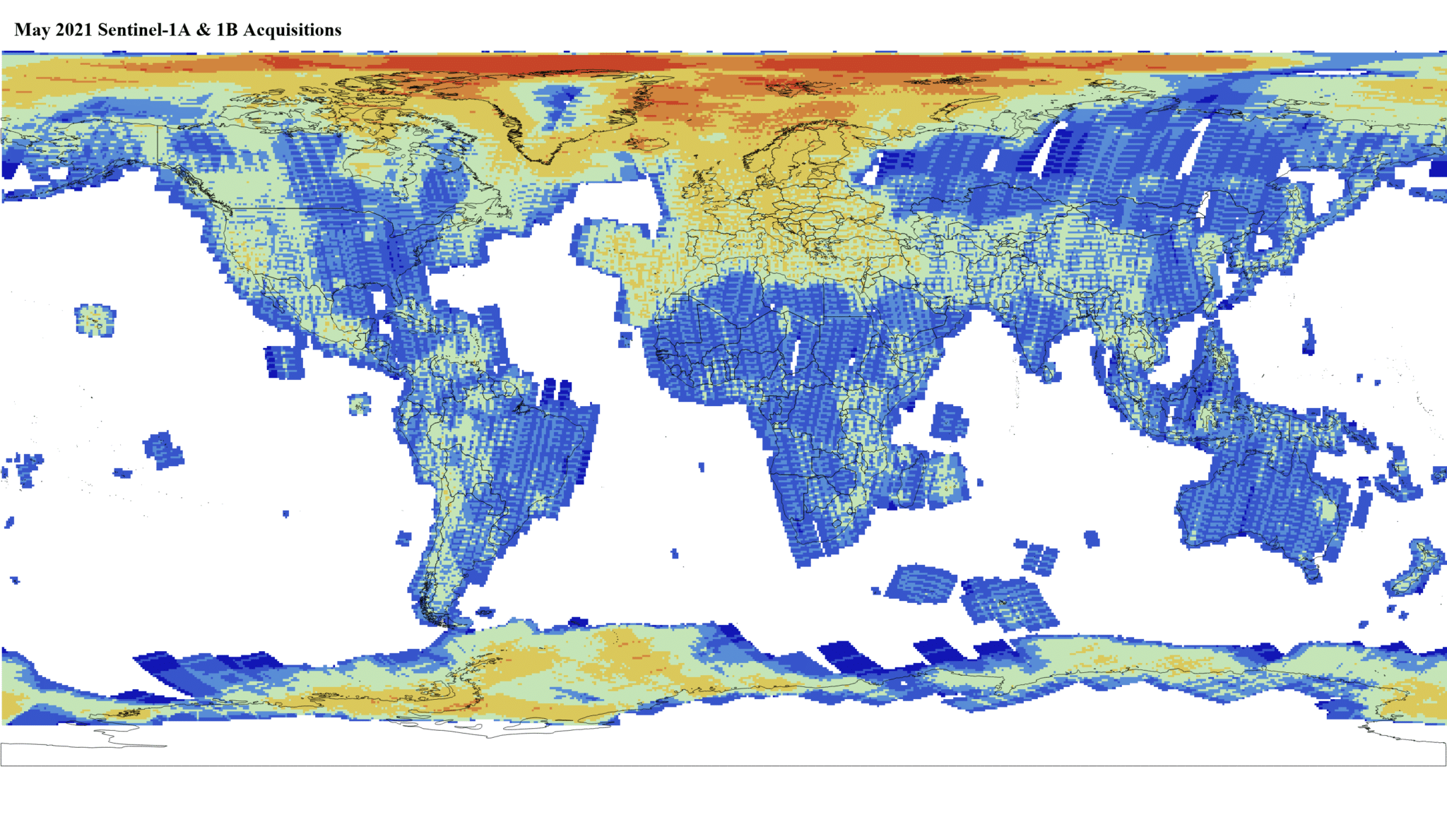 Heat map of Sentinel-1A and -1B GRD global acquisitions May 2021