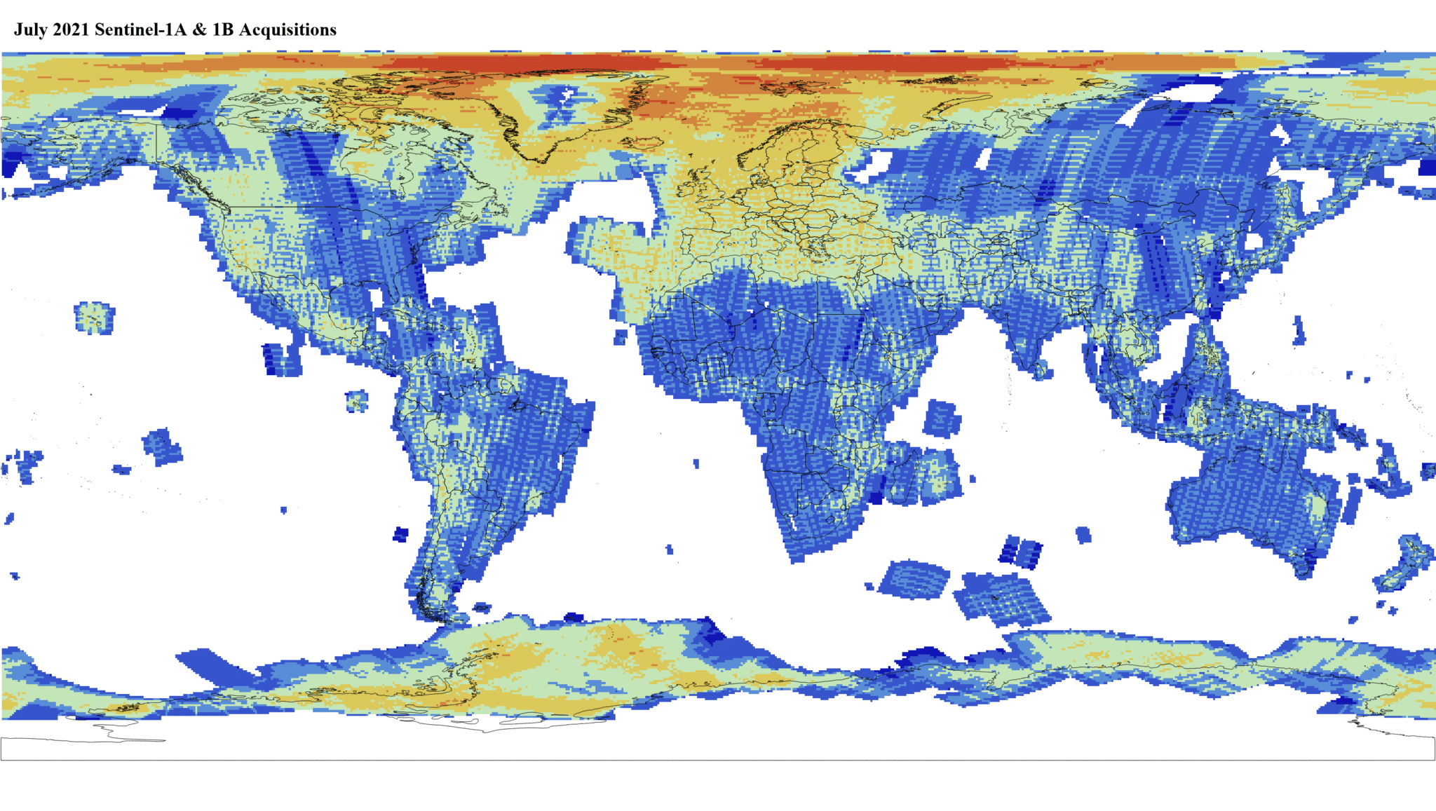 Heat map of Sentinel-1A and -1B GRD global acquisitions July 2021