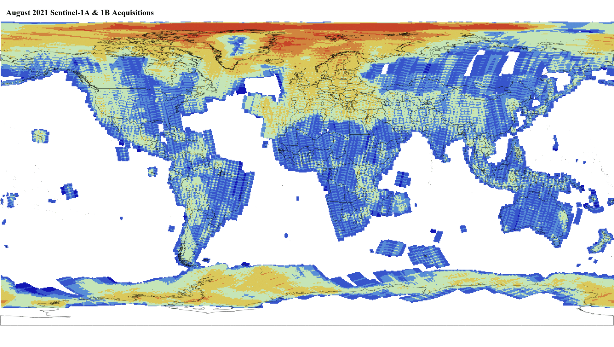 Heat map of Sentinel-1A and -1B GRD global acquisitions August 2021