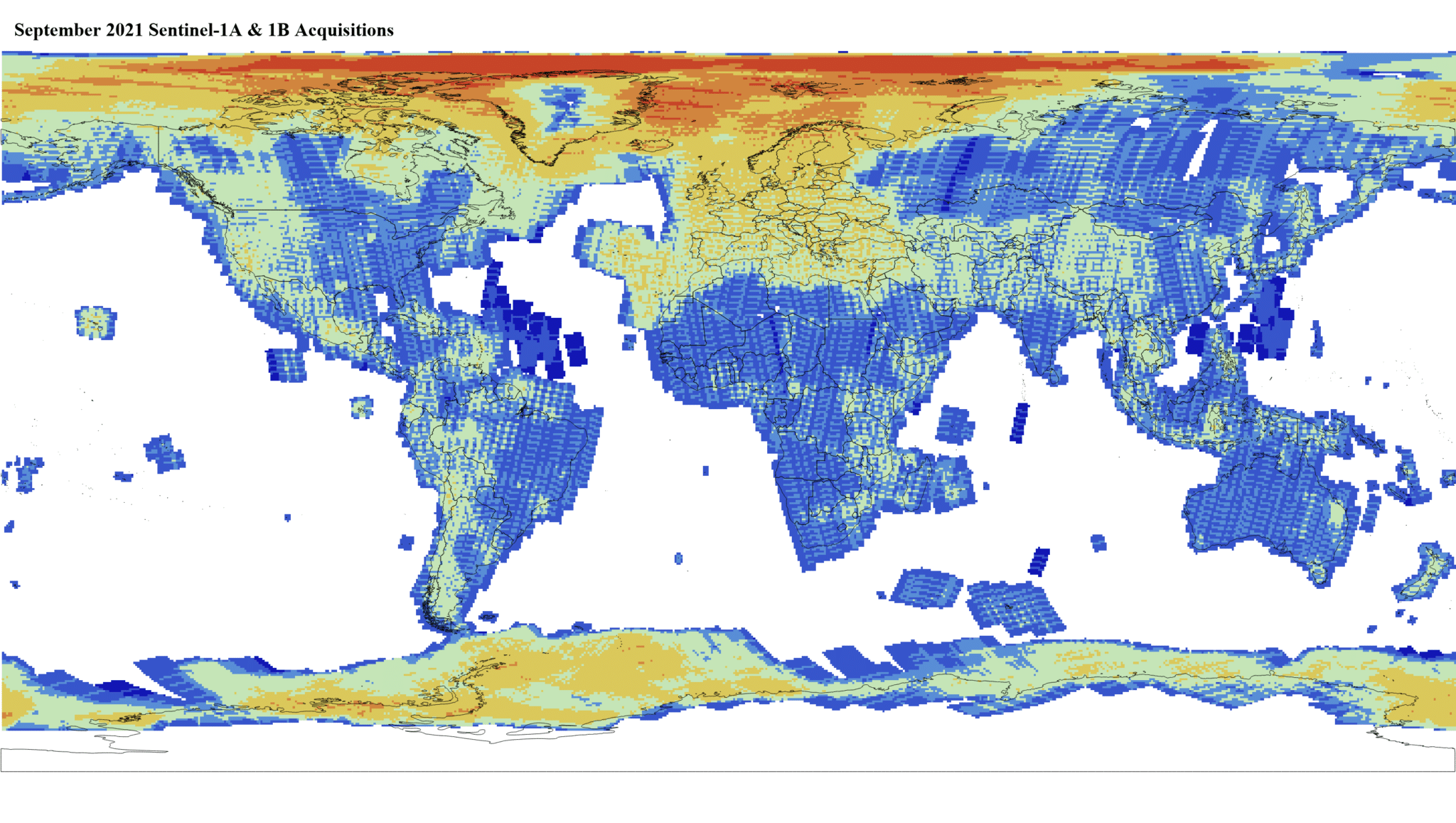 Heat map of Sentinel-1A and -1B GRD global acquisitions September 2021