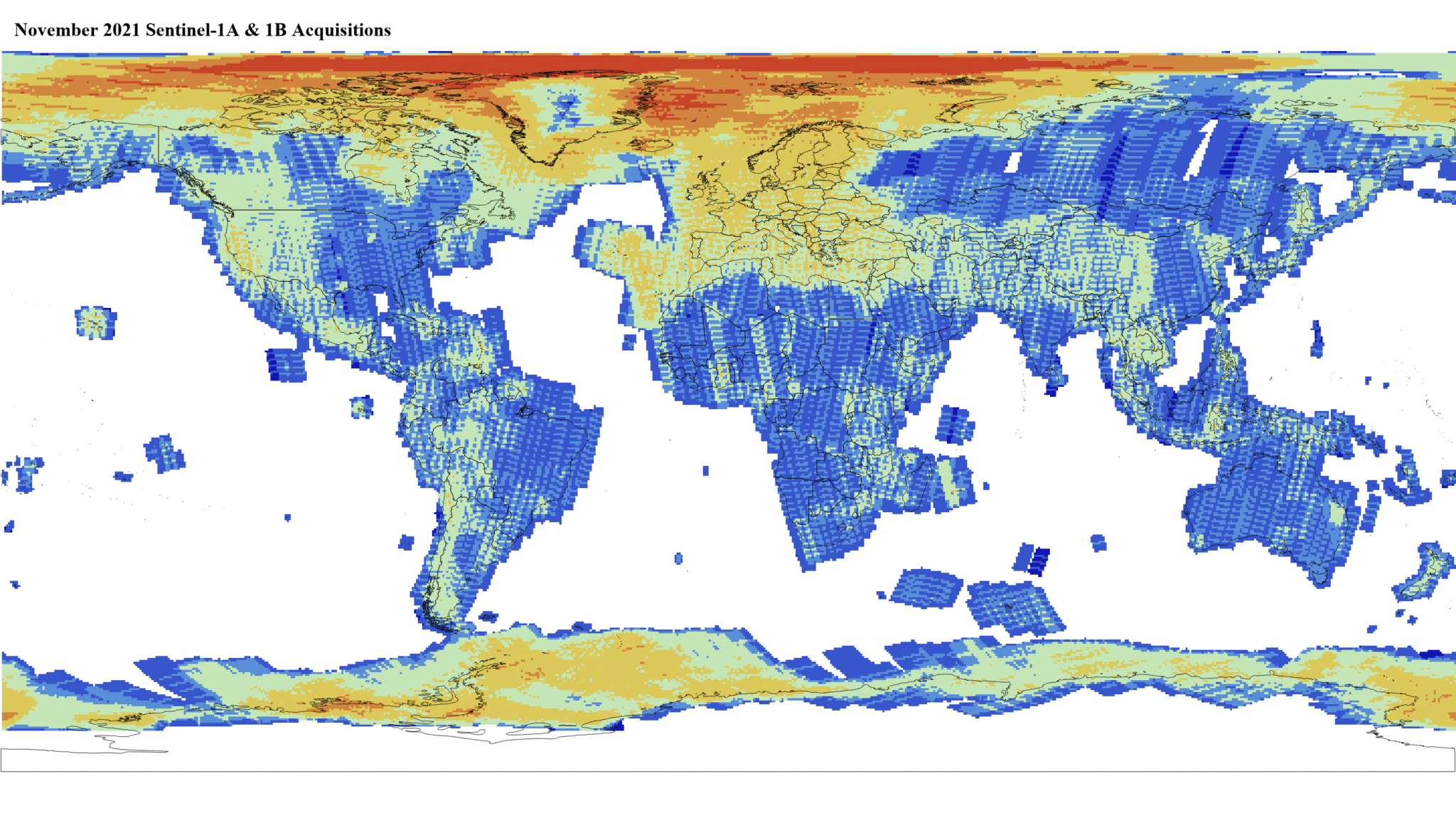 Heat map of Sentinel-1A and -1B GRD global acquisitions November 2021