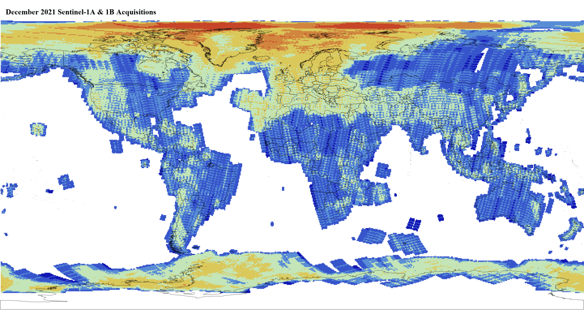 Heat map of Sentinel-1A and -1B GRD global acquisitions December 2021