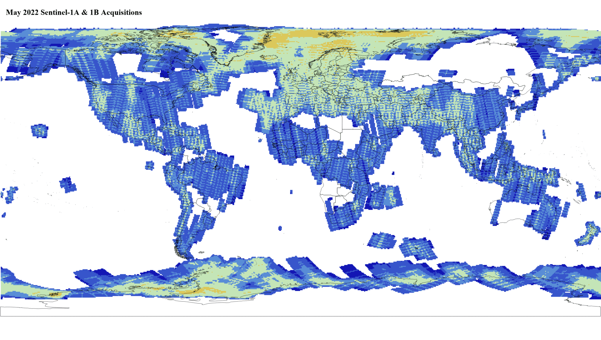 Heat map of Sentinel-1A and -1B GRD global acquisitions May 2022