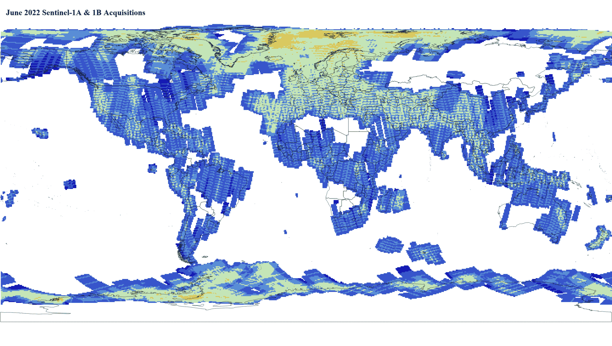 Heat map of Sentinel-1A and -1B GRD global acquisitions June 2022