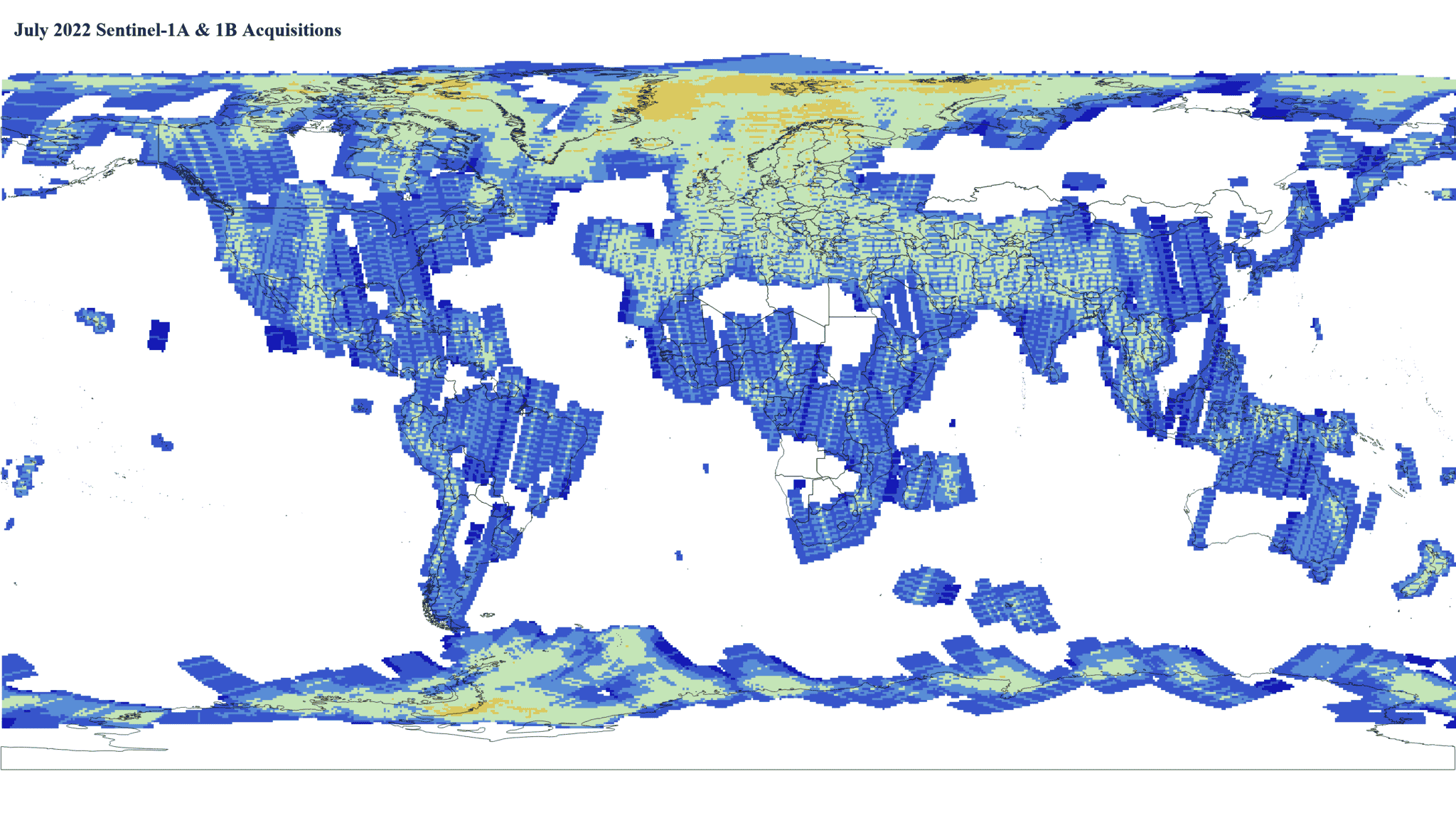 Heat map of Sentinel-1A and -1B SLC global acquisitions July 2022