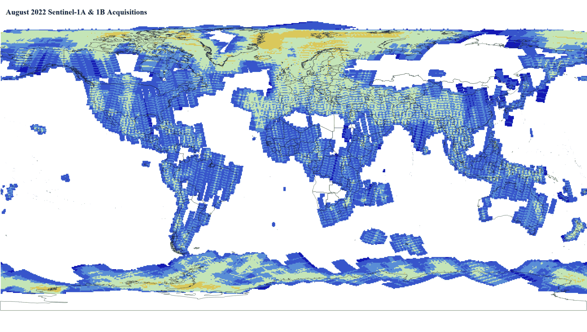 Heat map of Sentinel-1A and -1B GRD global acquisitions August 2022