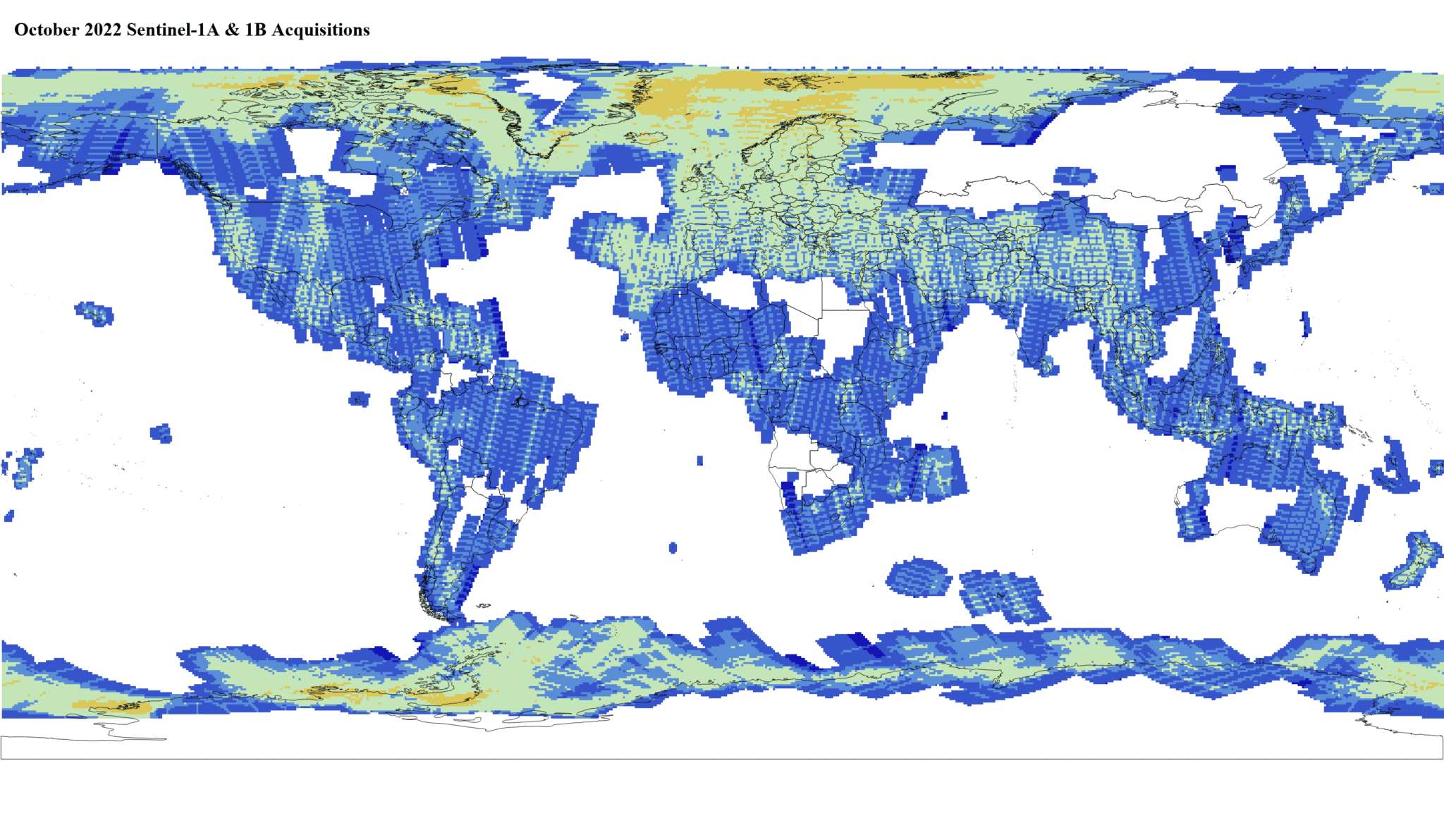 Heat map of Sentinel-1A and -1B GRD global acquisitions October 2022
