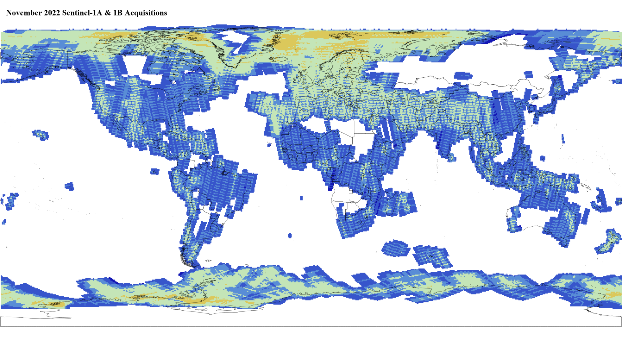 Heat map of Sentinel-1A and -1B GRD global acquisitions November 2022
