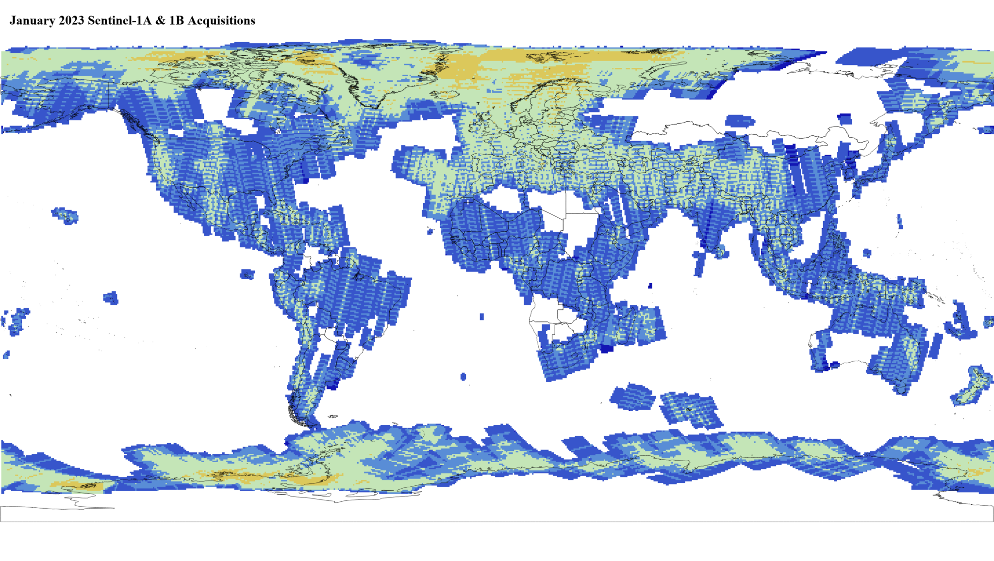 Heat map of Sentinel-1A and -1B GRD global acquisitions January 2023