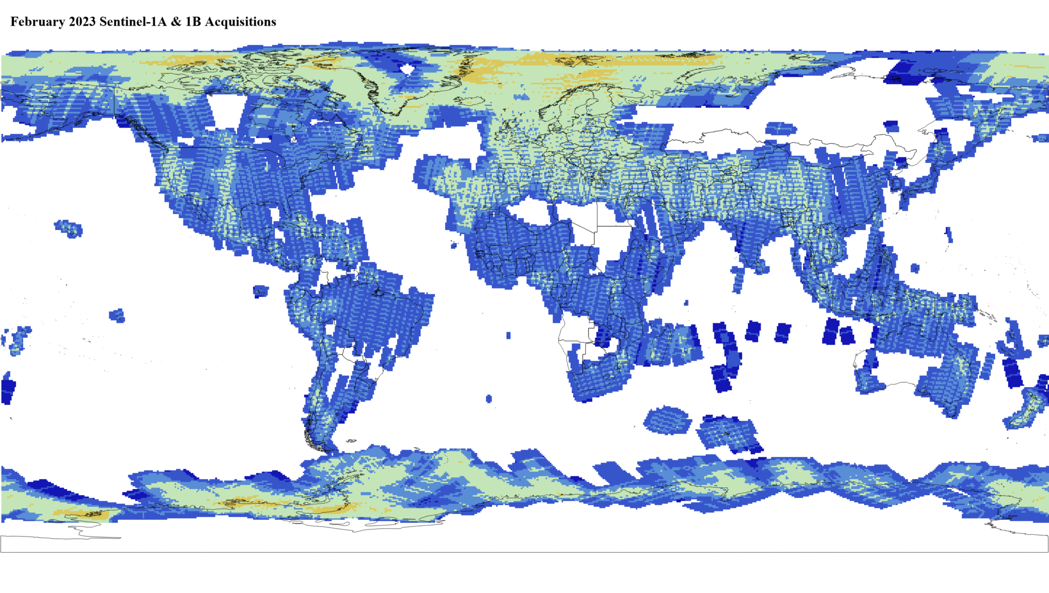 Heat map of Sentinel-1A and -1B GRD global acquisitions February 2023