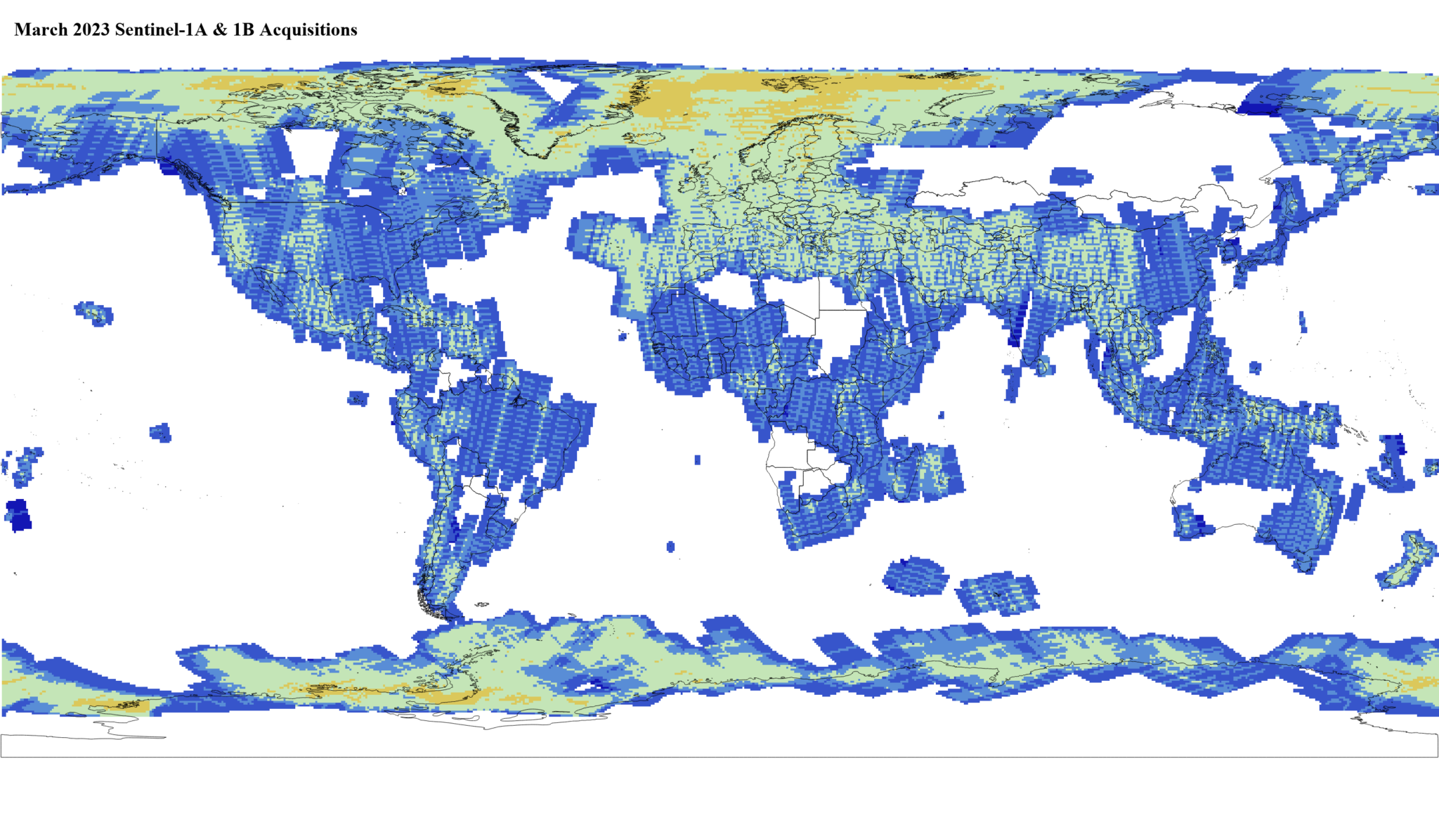 Heat map of Sentinel-1A and -1B GRD global acquisitions March 2023