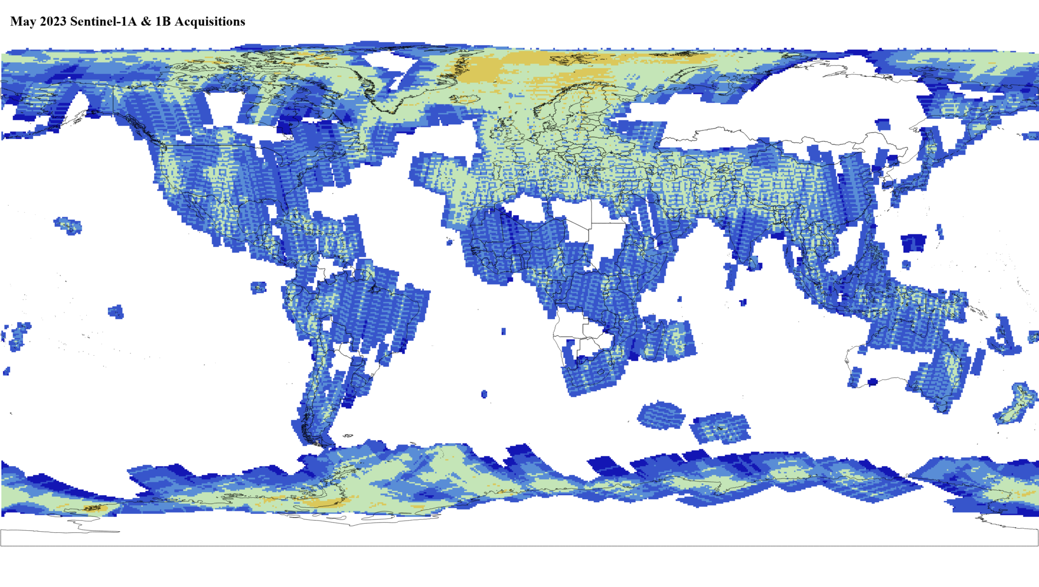Heat map of Sentinel-1A and -1B GRD global acquisitions May 2023