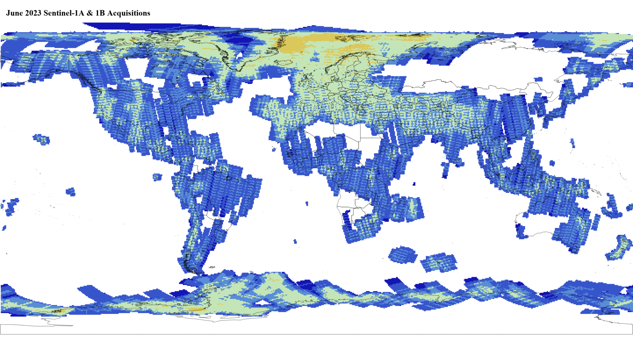Heat map of Sentinel-1A and -1B GRD global acquisitions June 2023