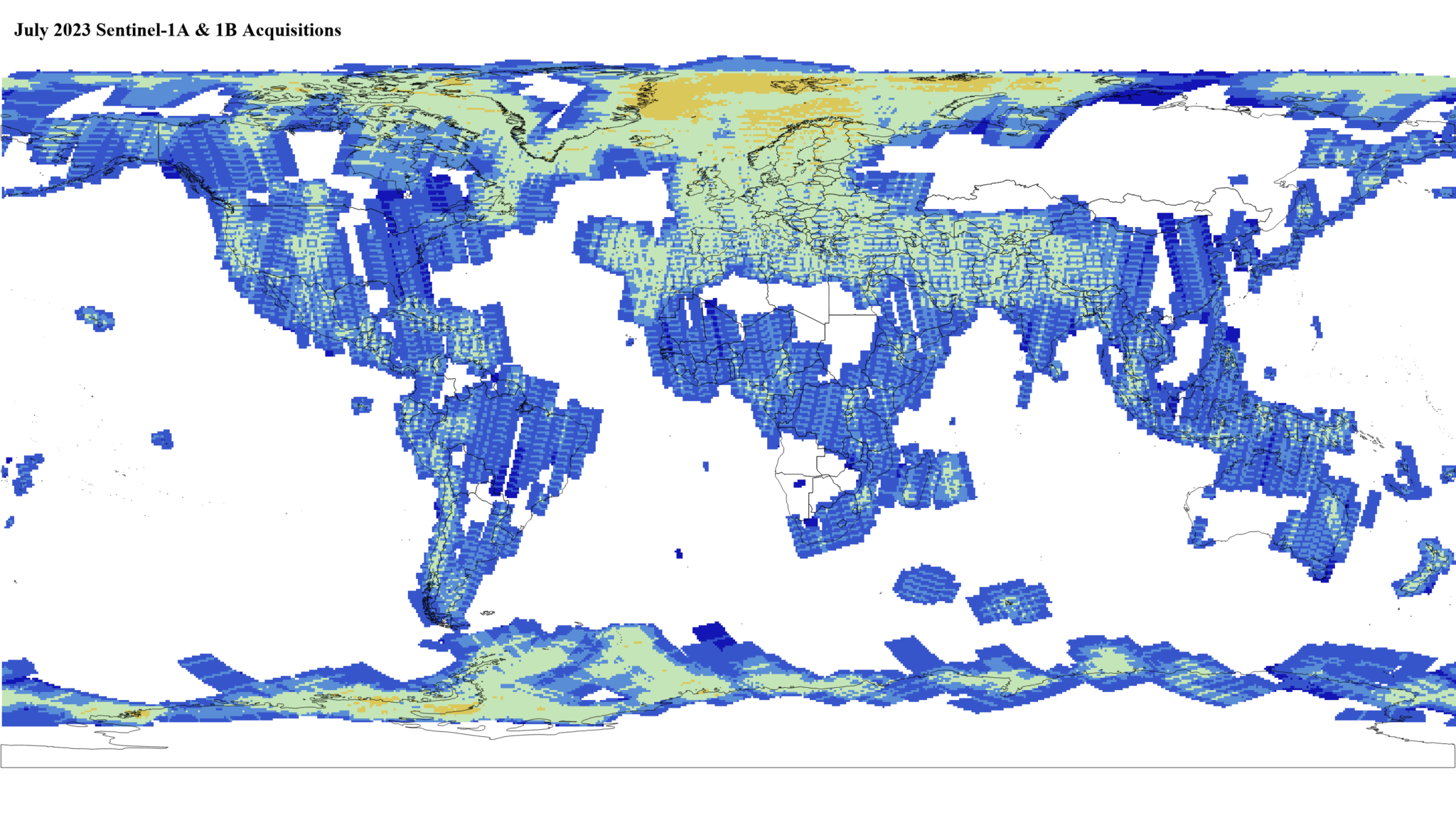 Heat map of Sentinel-1A and -1B GRD global acquisitions July 2023