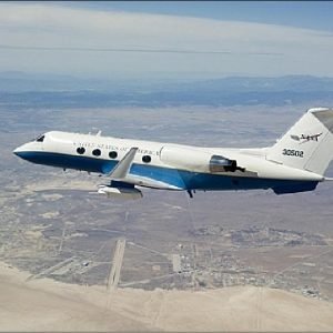 Modified NASA Gulfstream III in early flight tests with the UAVSAR pod attached to the underside of the aircraft (image credit: NASA/DFRC)