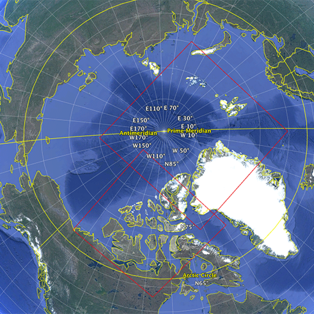 Eulerian data in the Sea Ice MEaSUREs North collection falls within the red bounding box visible in this image.