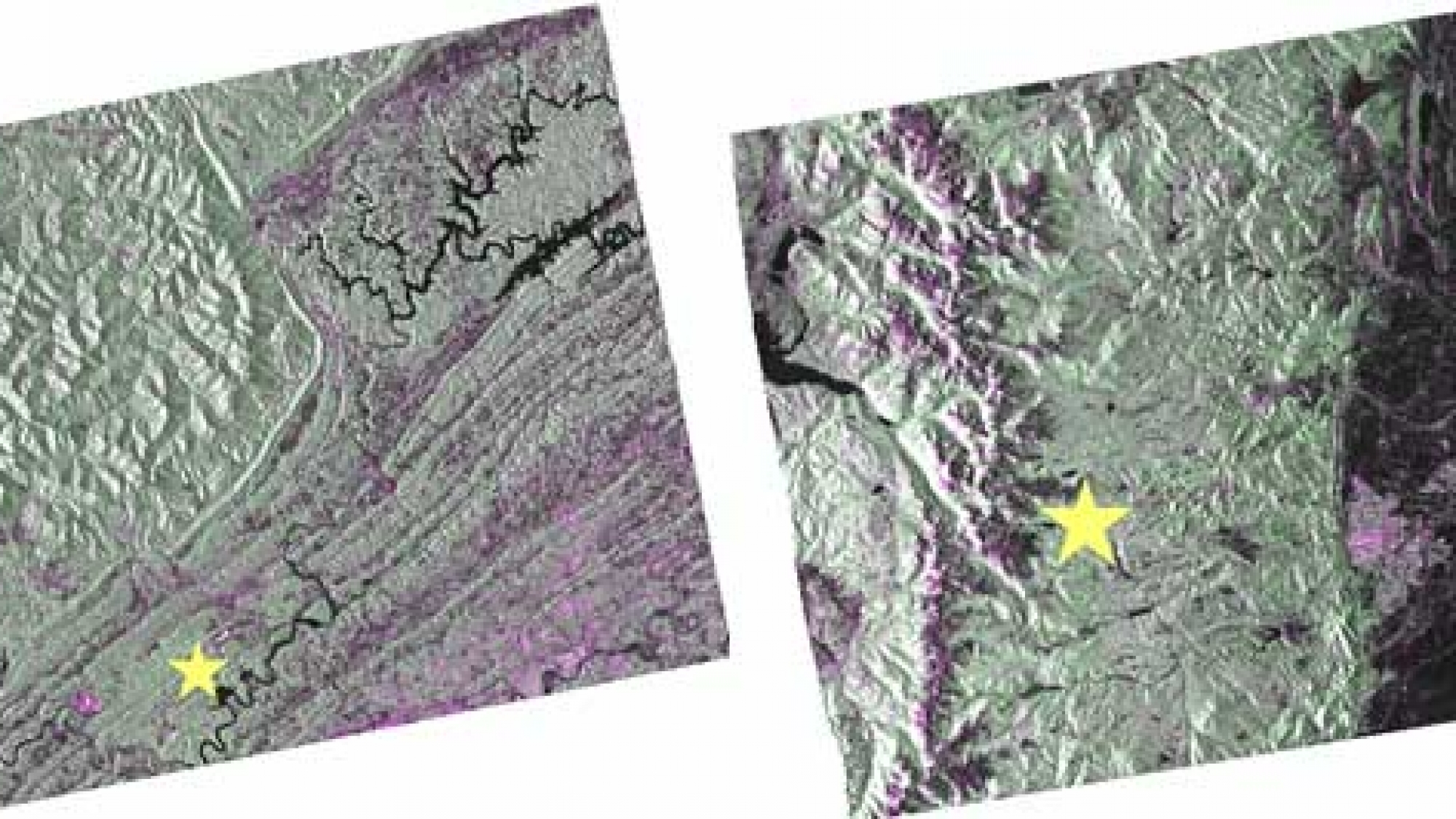 SAR images for (a) Walker Branch Watershed, Tennessee, and (b) Niwot Ridge, Colorado, sites. In SAR visualizations for land use, green usually represents tree canopy, pink is crop or barren soil, black is water, and grays are low vegetation. The star icon indicates the location of the field site.