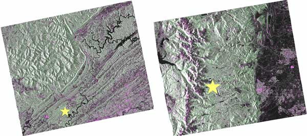 SAR images for (a) Walker Branch Watershed, Tennessee, and (b) Niwot Ridge, Colorado, sites. In SAR visualizations for land use, green usually represents tree canopy, pink is crop or barren soil, black is water, and grays are low vegetation. The star icon indicates the location of the field site.
