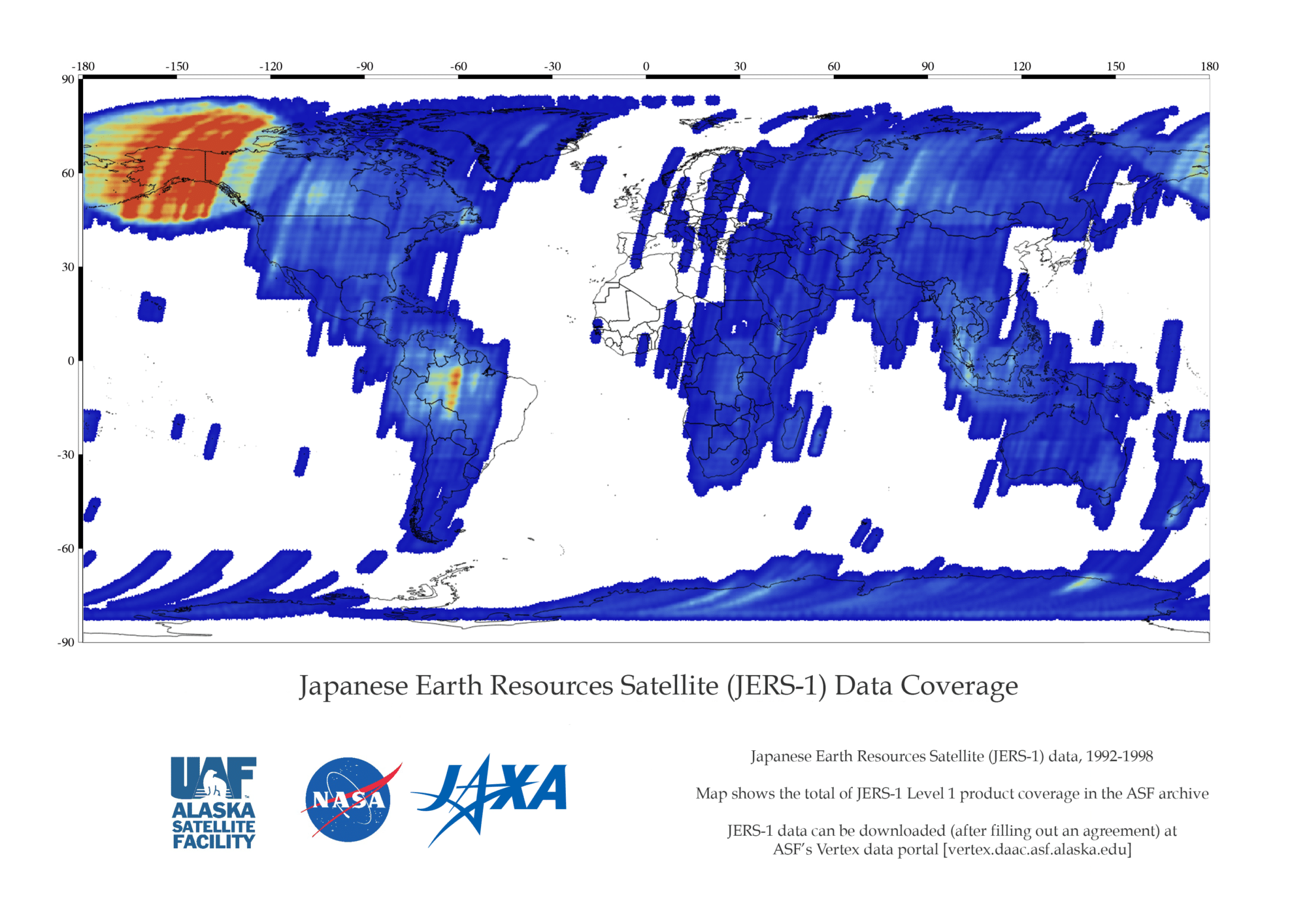 Coverage map showing JERS-1 data in the ASF archive