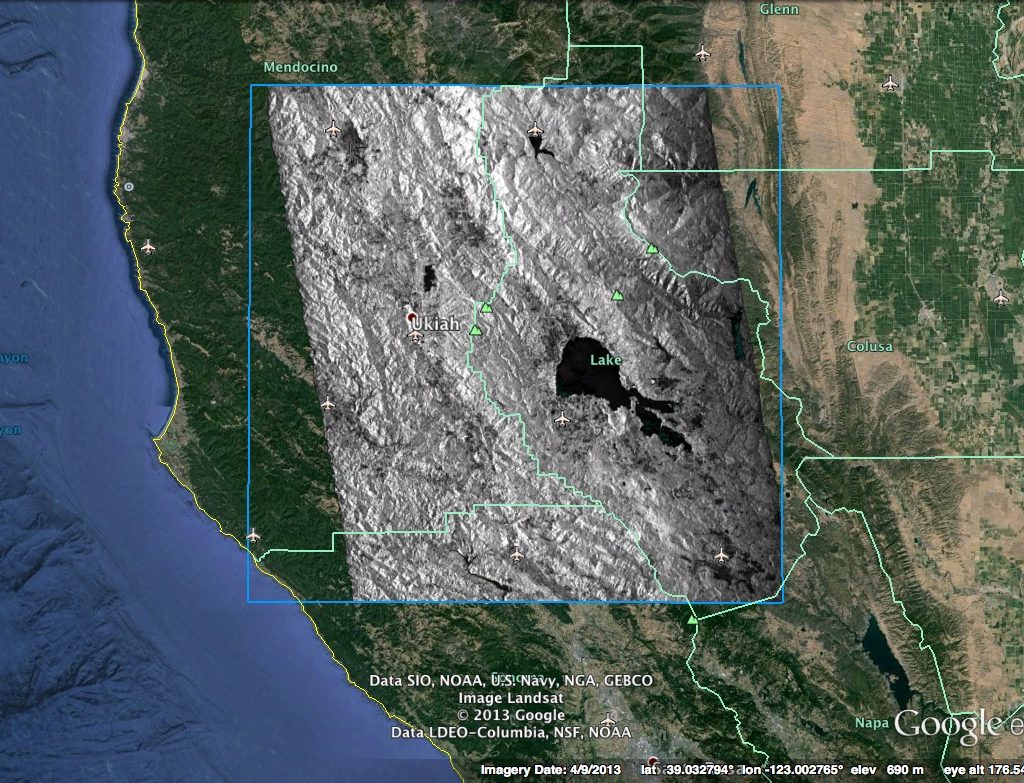 KML overlay of the terrain-corrected SAR amplitude image.